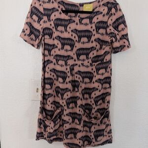 Anthropologie Maeve Zola Bear Print Shift Dress Pink Boho Nature Animal